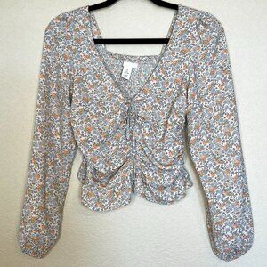 H&M Ruched Cream Blue & Peach Ditsy Floral Smocked Long Sleeve Crop Top size S